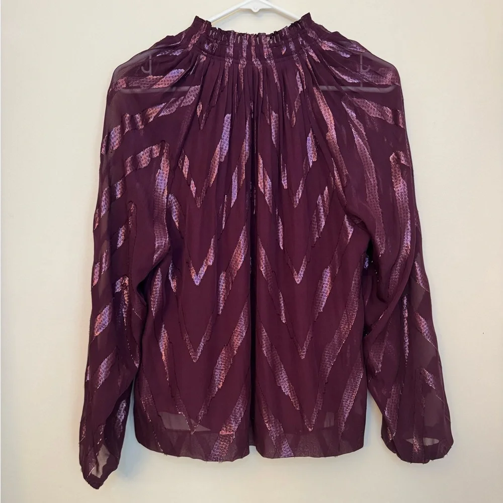Marie Oliver Silk Ruffled Stand Collar Blouse Size Medium Purple Metallic Top - Picture 5 of 6